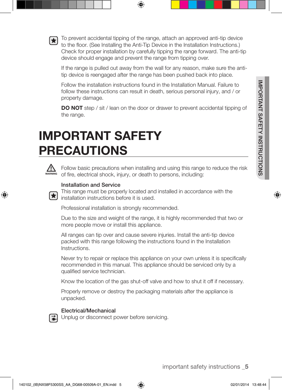 Important safety precautions | Samsung NX58F5300SS-AA User Manual | Page 5 / 76