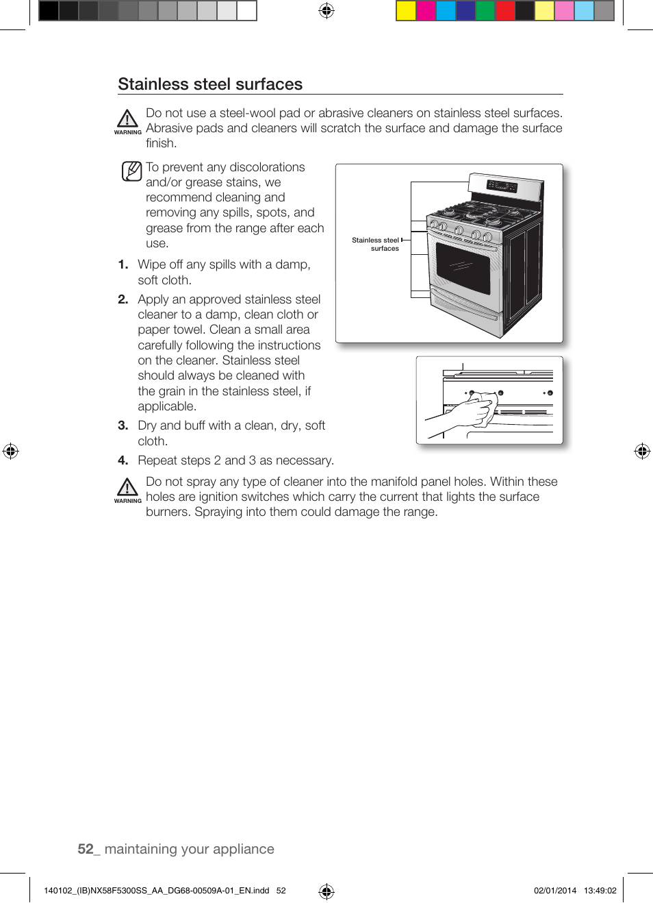 Stainless steel surfaces | Samsung NX58F5300SS-AA User Manual | Page 52 / 76