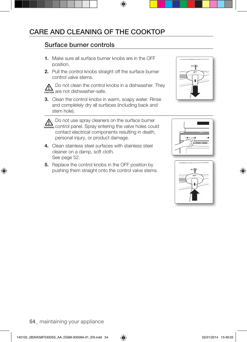 Care and cleaning of the cooktop, Surface burner controls | Samsung NX58F5300SS-AA User Manual | Page 54 / 76