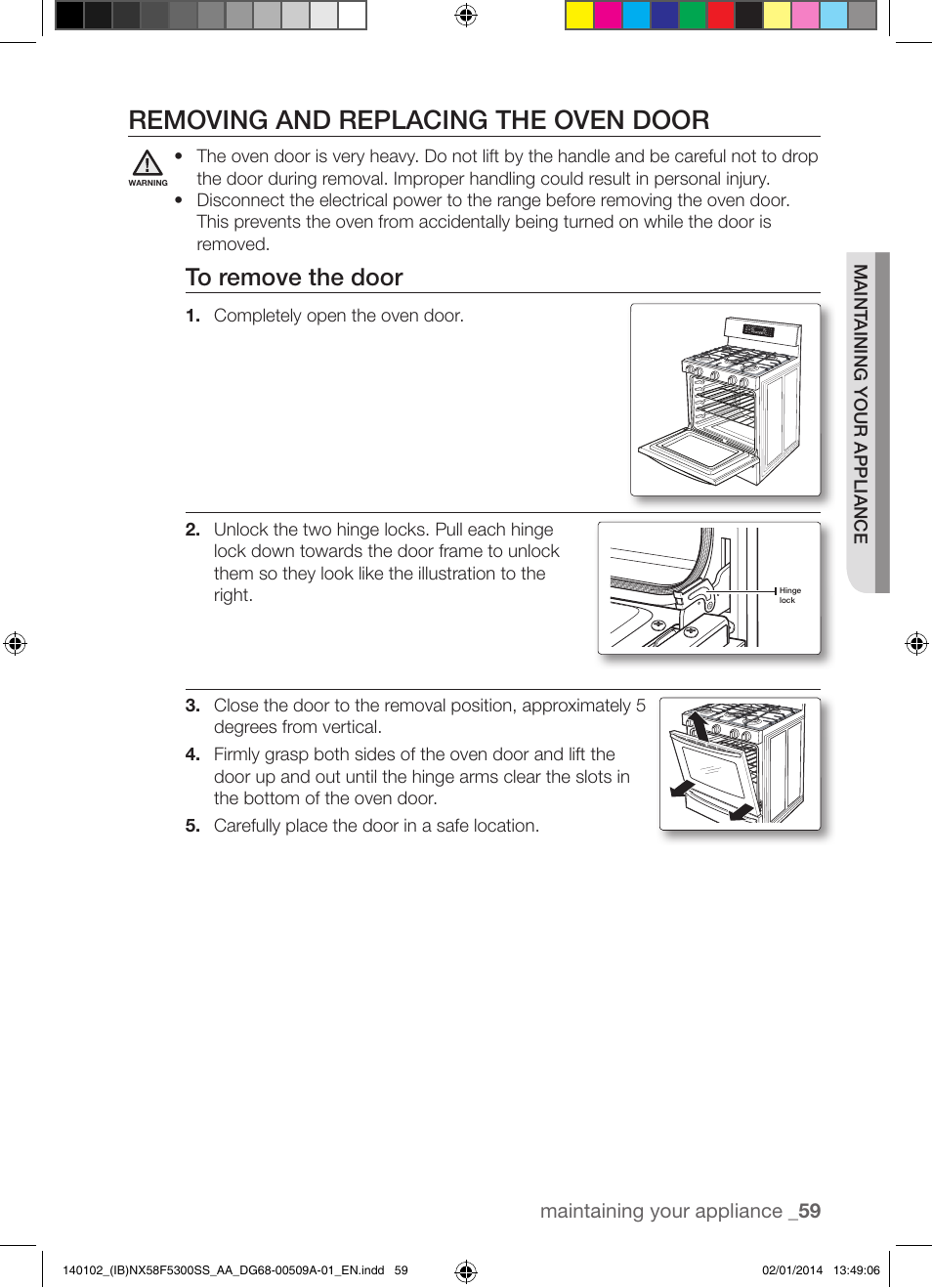 Removing and replacing the oven door | Samsung NX58F5300SS-AA User Manual | Page 59 / 76