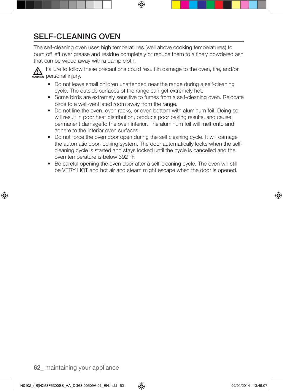Self-cleaning oven | Samsung NX58F5300SS-AA User Manual | Page 62 / 76