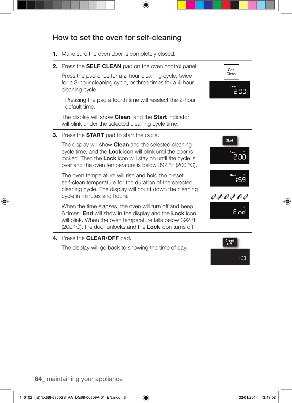 How to set the oven for self-cleaning | Samsung NX58F5300SS-AA User Manual | Page 64 / 76