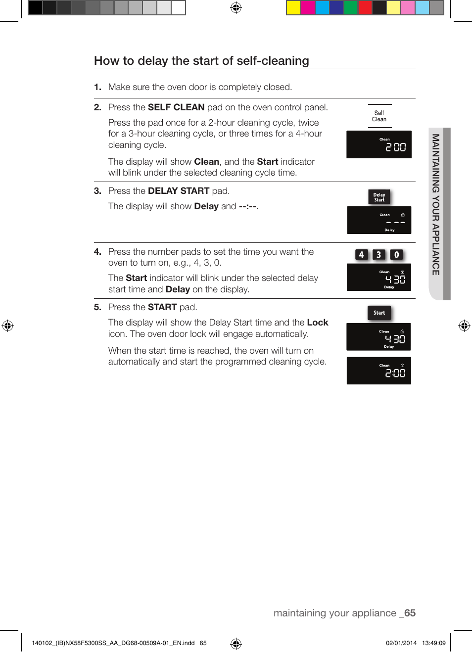 How to delay the start of self-cleaning | Samsung NX58F5300SS-AA User Manual | Page 65 / 76
