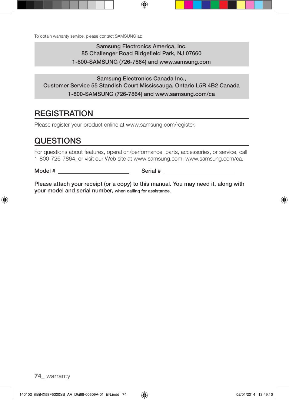 Registration, Questions | Samsung NX58F5300SS-AA User Manual | Page 74 / 76