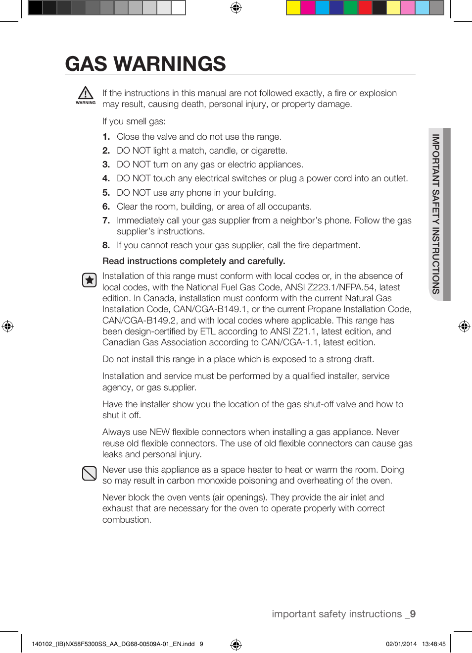 Gas warnings | Samsung NX58F5300SS-AA User Manual | Page 9 / 76