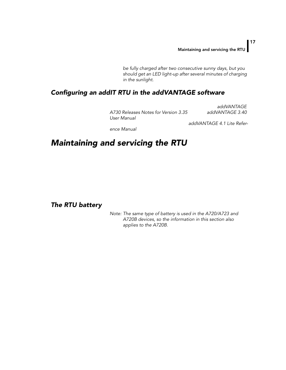 Maintaining and servicing the rtu, The rtu battery | Adcon A720 User Manual | Page 17 / 66