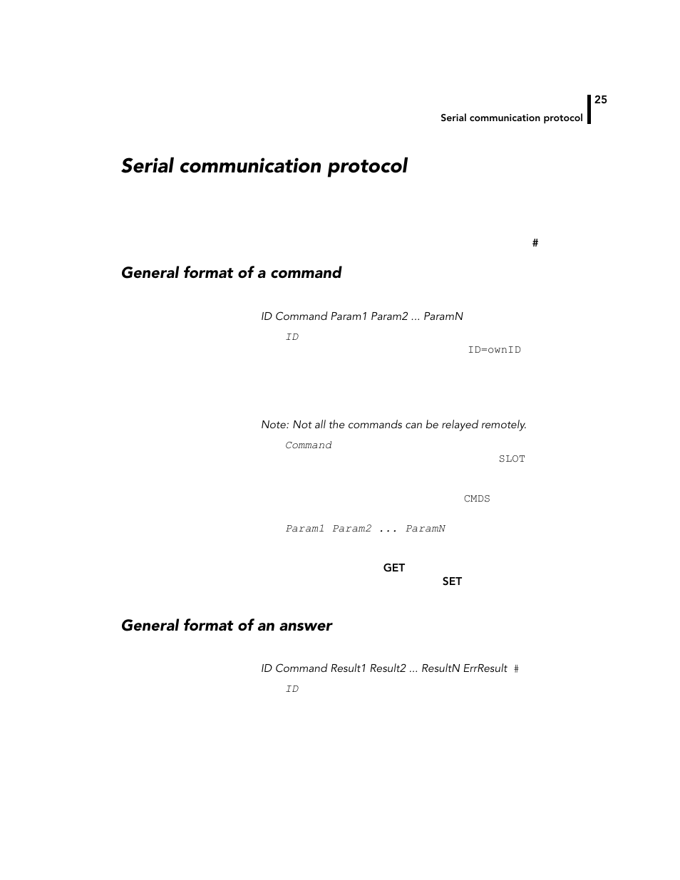 Serial communication protocol, General format of a command, General format of an answer | Adcon A720 User Manual | Page 25 / 66
