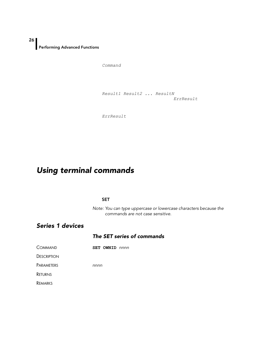 Using terminal commands, Series 1 devices, The set series of commands | Adcon A720 User Manual | Page 26 / 66