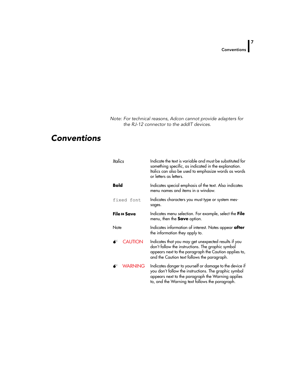 Conventions | Adcon A720 User Manual | Page 7 / 66
