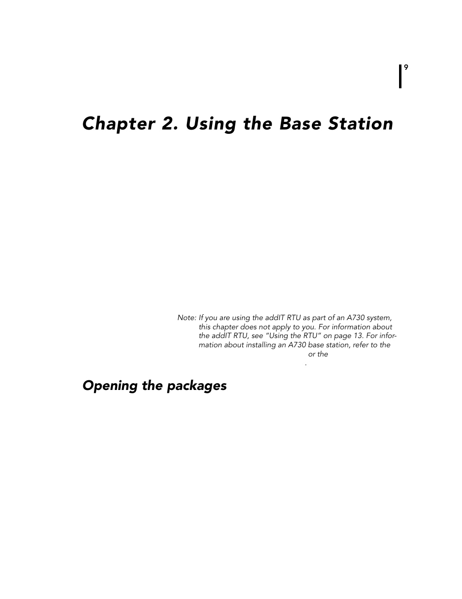 Chapter2. using the base station, Opening the packages, Chapter 2. using the base station | Adcon A720 User Manual | Page 9 / 66