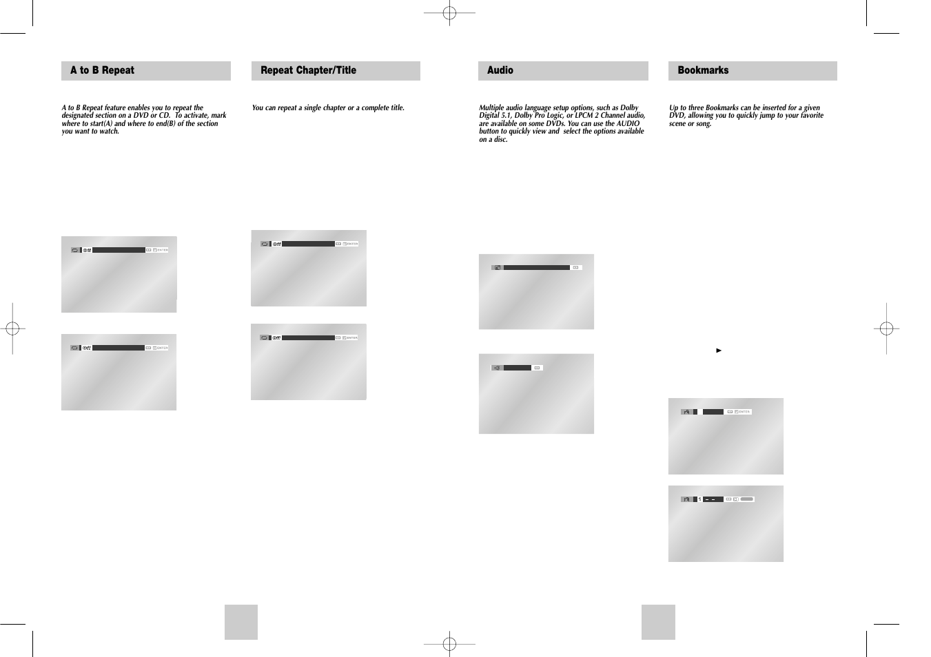 Audio bookmarks, A to b repeat, Repeat chapter/title | Samsung DVD-V4700-XAC User Manual | Page 15 / 20