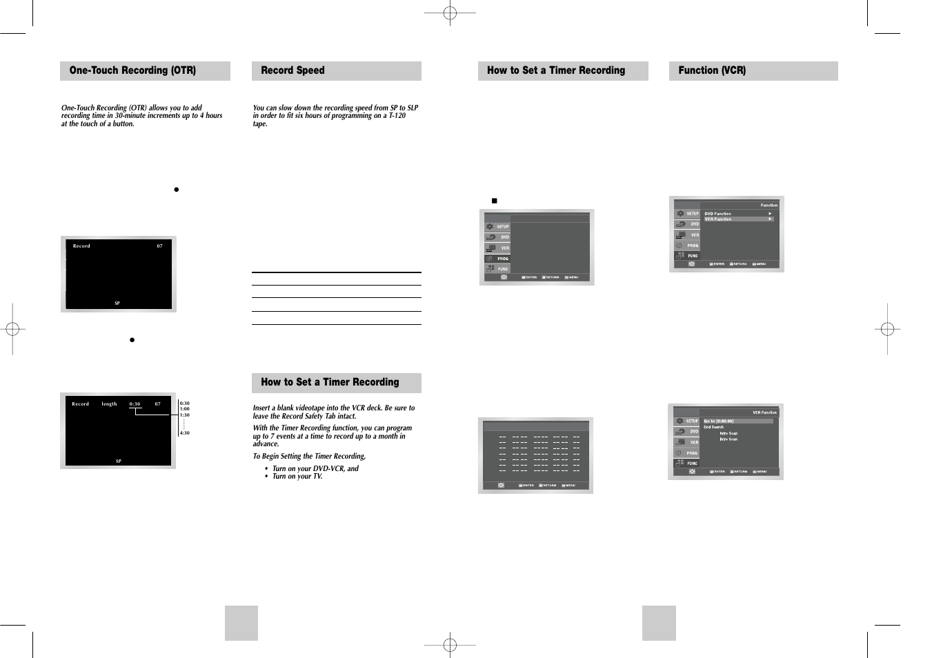 Function (vcr), How to set a timer recording, One-touch recording (otr) | Record speed how to set a timer recording | Samsung DVD-V4700-XAC User Manual | Page 18 / 20
