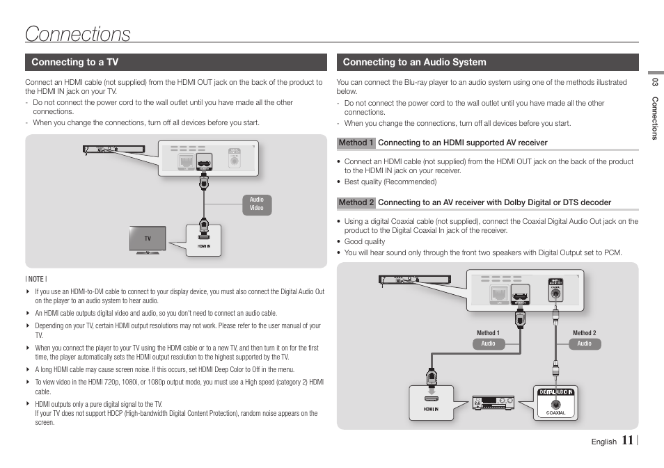 Connections, Connecting to a tv, Connecting to an audio system | Connecting to an hdmi supported av receiver | Samsung BD-E5700-ZA User Manual | Page 11 / 34