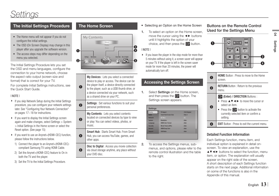 Settings, The initial settings procedure, The home screen | Accessing the settings screen | Samsung BD-E5700-ZA User Manual | Page 13 / 34