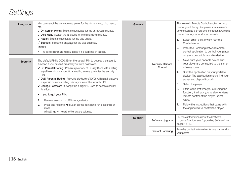 Settings | Samsung BD-E5700-ZA User Manual | Page 16 / 34