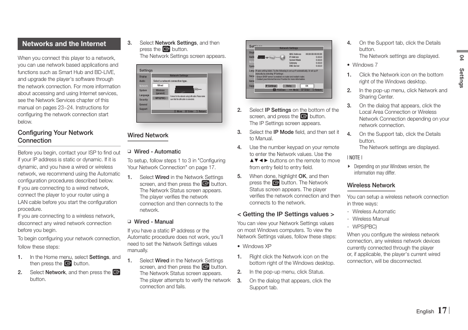 Networks and the internet, Configuring your network connection | Samsung BD-E5700-ZA User Manual | Page 17 / 34