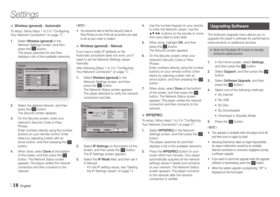 Upgrading software, Settings | Samsung BD-E5700-ZA User Manual | Page 18 / 34