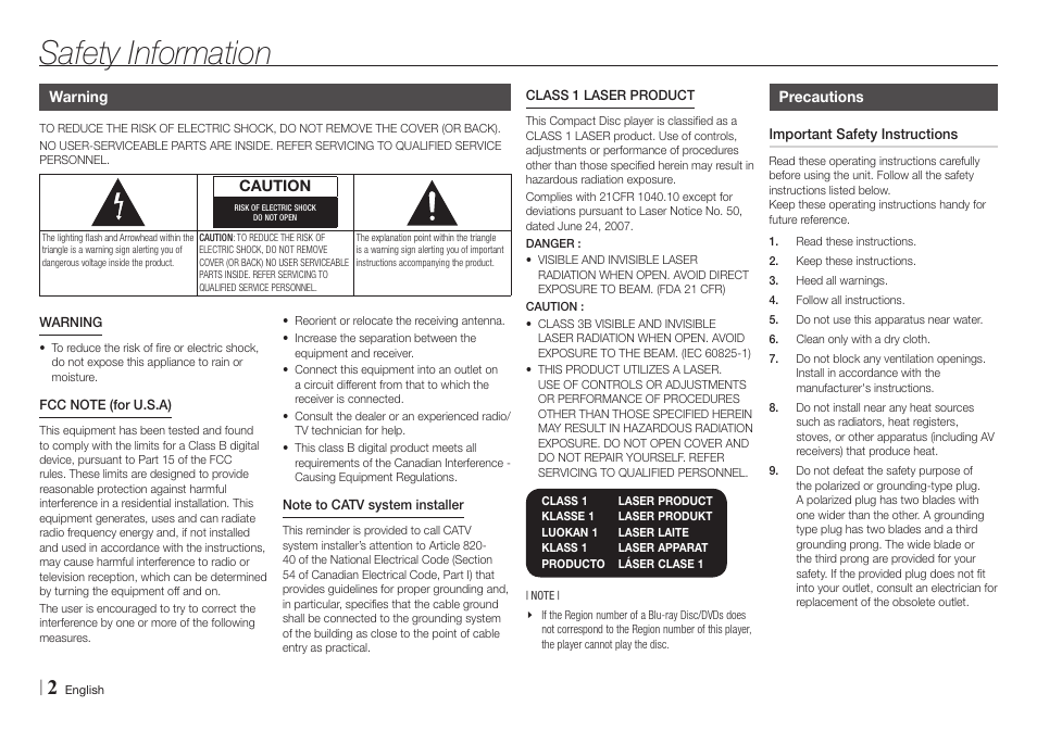 Safety information, Warning, Precautions | Important safety instructions | Samsung BD-E5700-ZA User Manual | Page 2 / 34