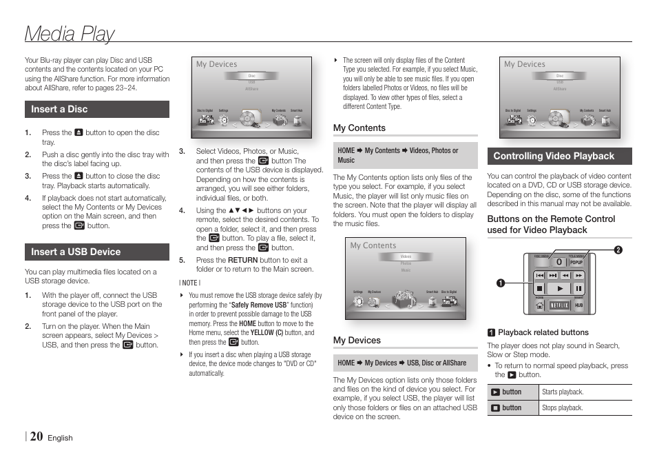 Media play, Insert a disc, Insert a usb device | My contents, My devices, Controlling video playback | Samsung BD-E5700-ZA User Manual | Page 20 / 34