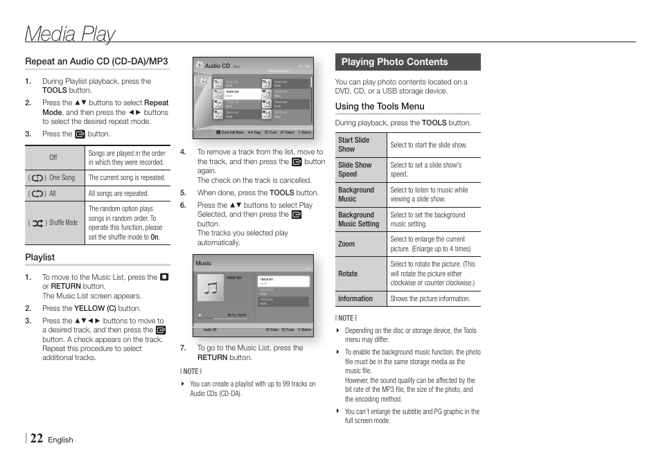 Repeat an audio cd (cd-da)/mp3, Playlist, Playing photo contents | Using the tools menu, 22 playlist 22, Media play | Samsung BD-E5700-ZA User Manual | Page 22 / 34