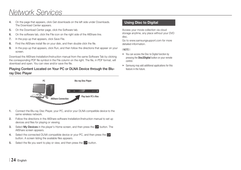 Using disc to digital, Network services | Samsung BD-E5700-ZA User Manual | Page 24 / 34