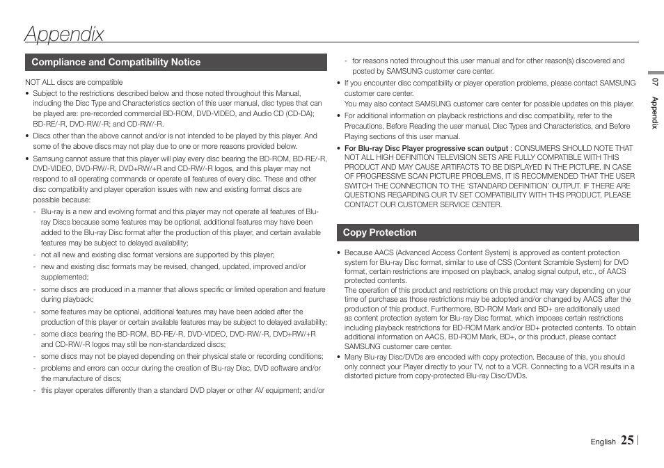 Appendix, Compliance and compatibility notice, Copy protection | Samsung BD-E5700-ZA User Manual | Page 25 / 34