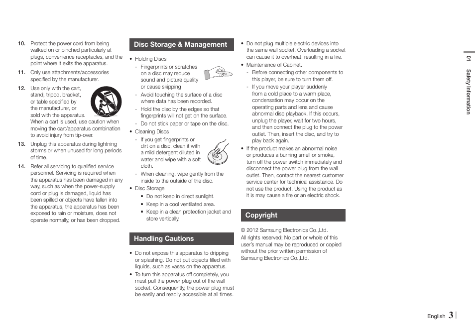 Disc storage & management, Handling cautions, Copyright | Samsung BD-E5700-ZA User Manual | Page 3 / 34