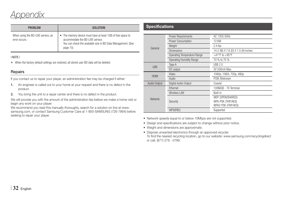 Repairs, Specifications, 32 repairs 32 | Appendix | Samsung BD-E5700-ZA User Manual | Page 32 / 34