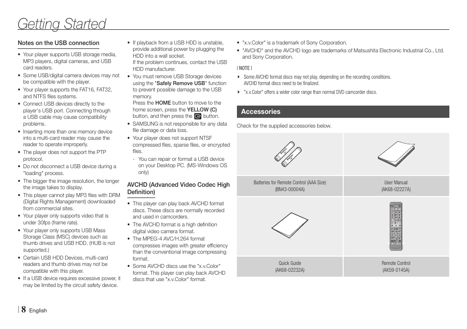Accessories, Getting started | Samsung BD-E5700-ZA User Manual | Page 8 / 34