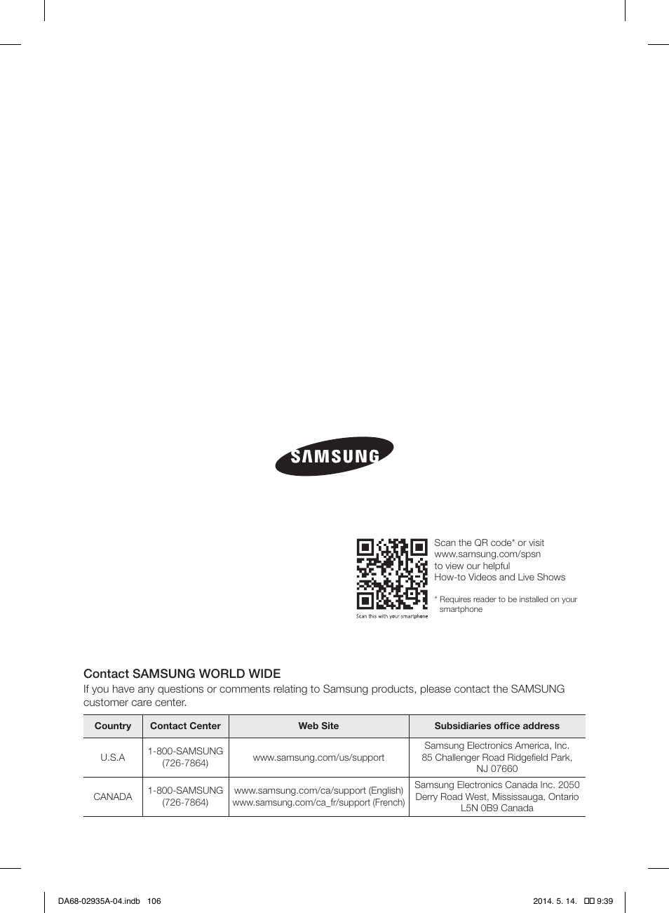 Contact samsung world wide | Samsung RS27FDBTNSR-AA User Manual | Page 106 / 312