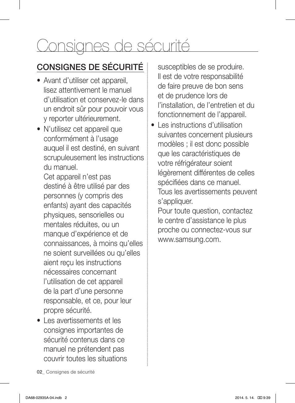 Consignes de sécurité | Samsung RS27FDBTNSR-AA User Manual | Page 108 / 312