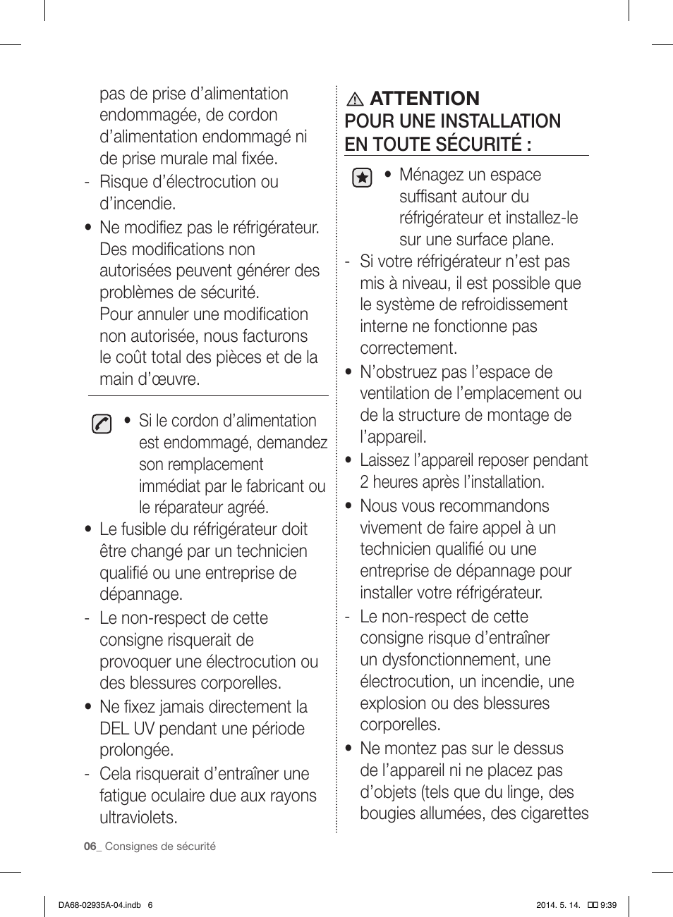 Attention pour une installation en toute sécurité | Samsung RS27FDBTNSR-AA User Manual | Page 112 / 312