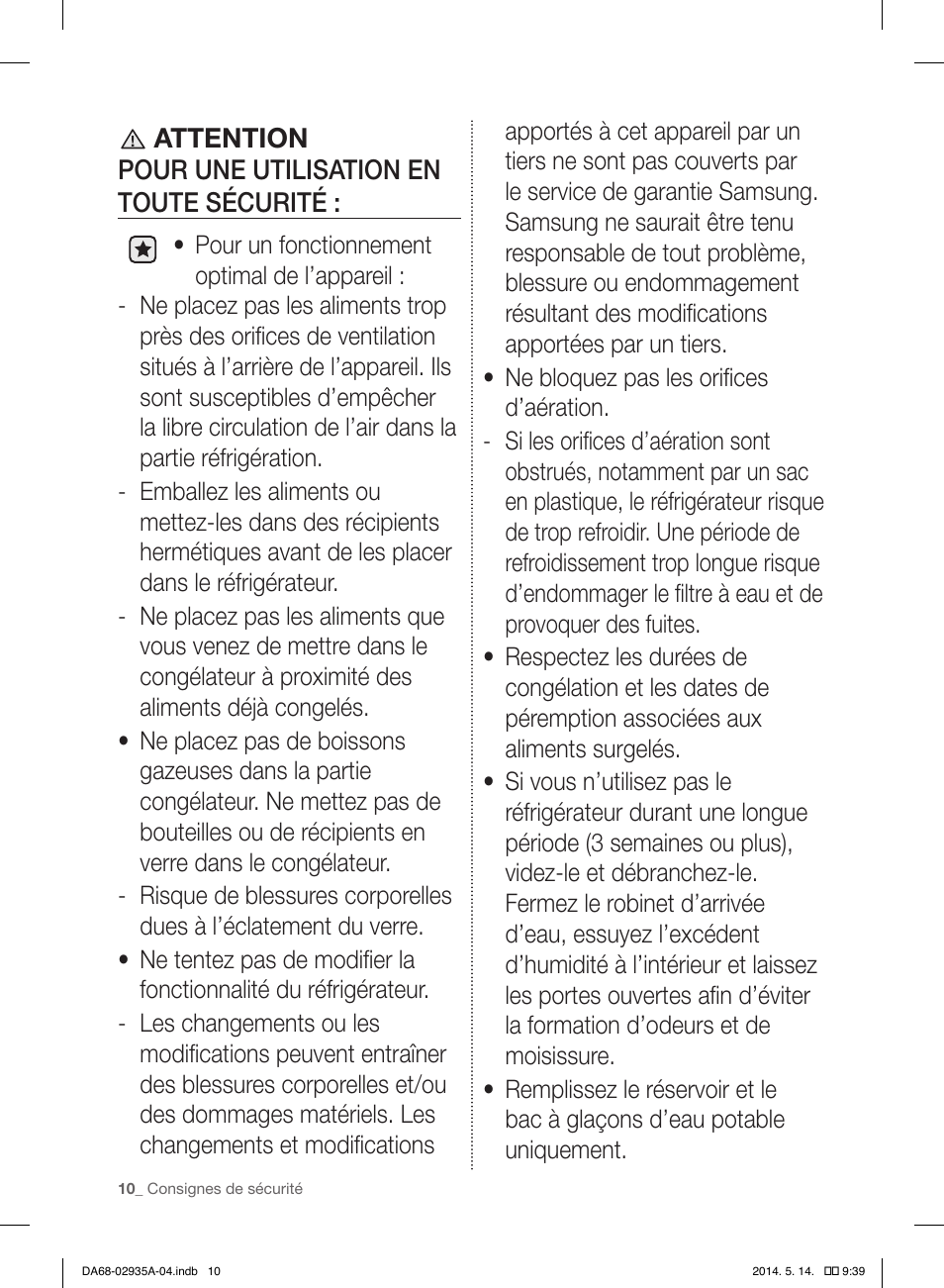 Attention pour une utilisation en toute sécurité | Samsung RS27FDBTNSR-AA User Manual | Page 116 / 312