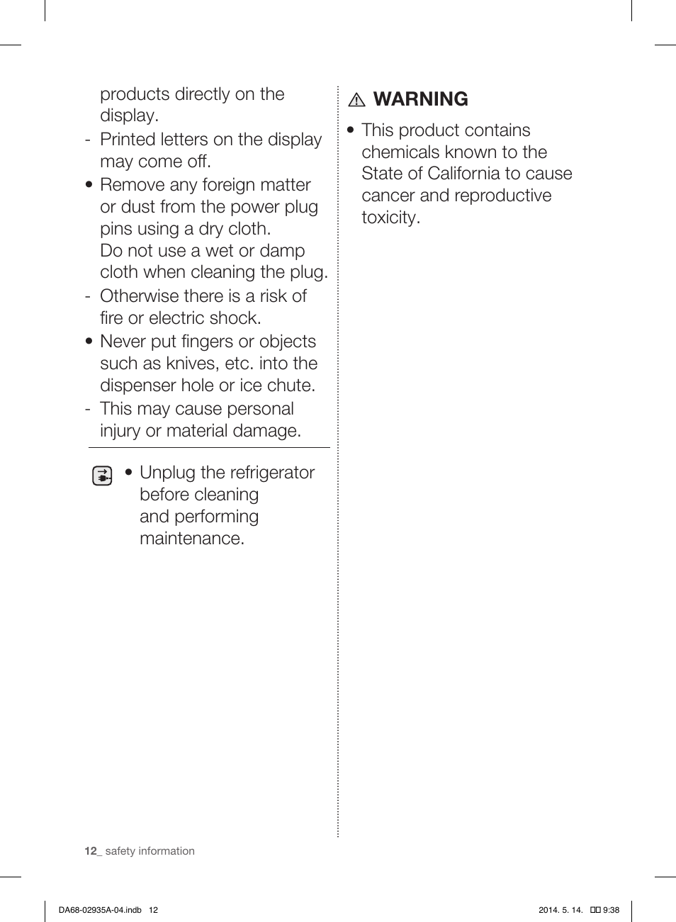 Warning | Samsung RS27FDBTNSR-AA User Manual | Page 12 / 312