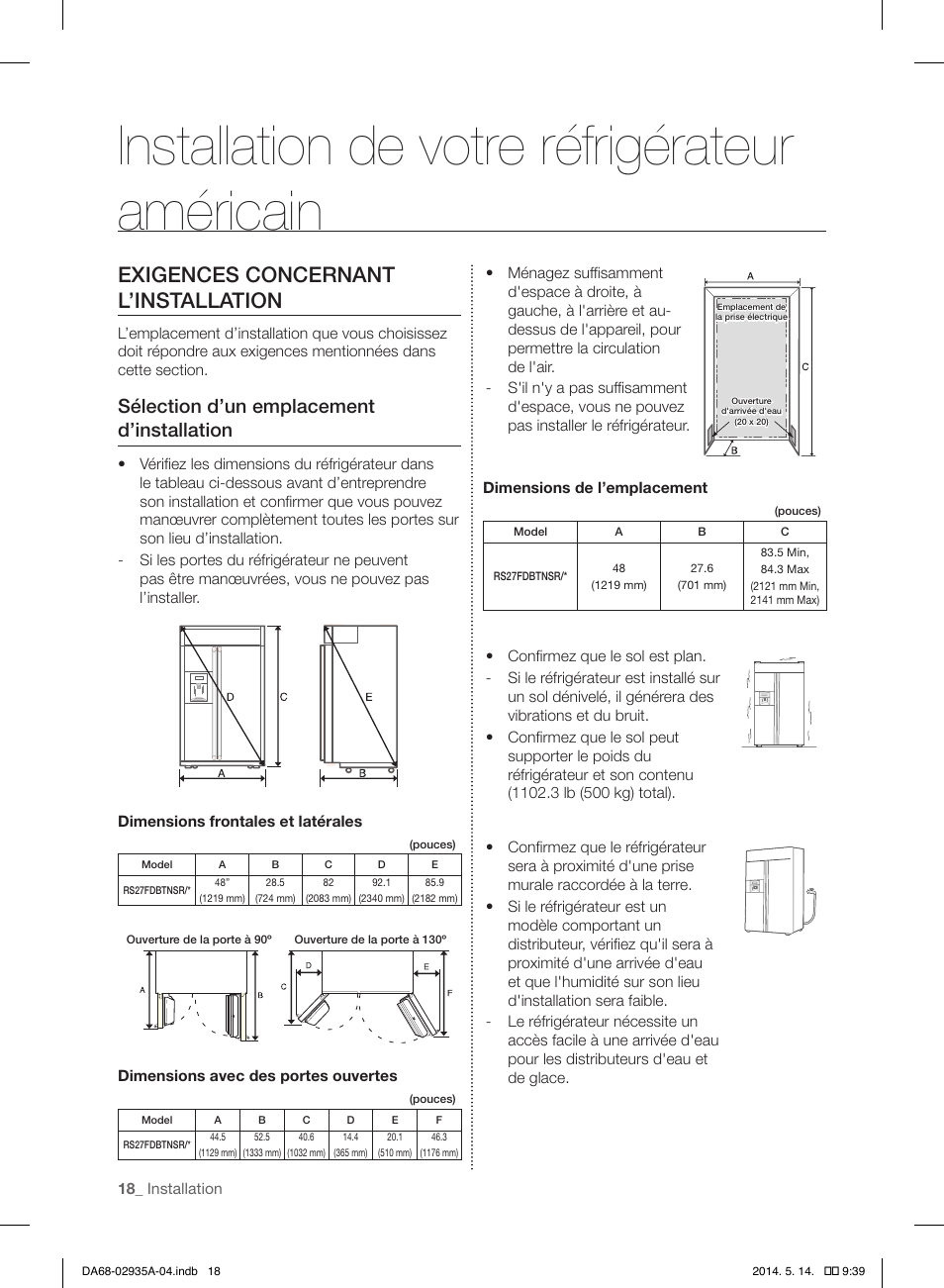 Installation de votre réfrigérateur américain, Exigences concernant l’installation, Sélection d’un emplacement d’installation | Samsung RS27FDBTNSR-AA User Manual | Page 124 / 312