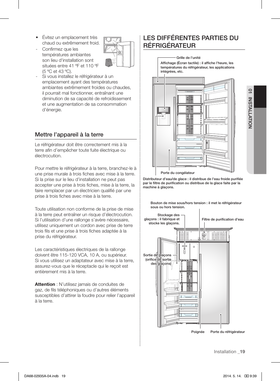 Les différentes parties du réfrigérateur, Mettre l’appareil à la terre | Samsung RS27FDBTNSR-AA User Manual | Page 125 / 312