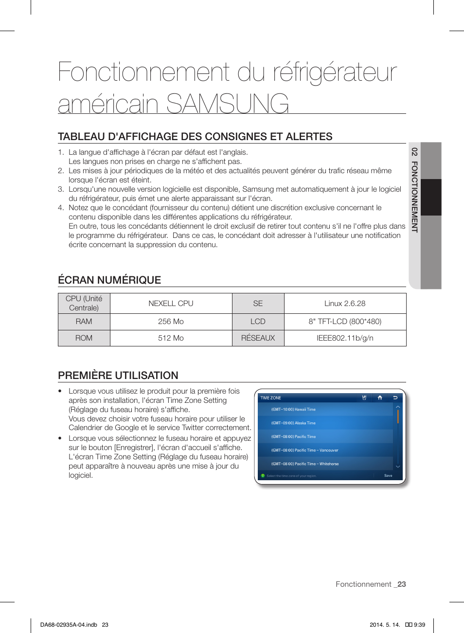 Fonctionnement du réfrigérateur américain samsung, Tableau d'affichage des consignes et alertes, Écran numérique | Première utilisation | Samsung RS27FDBTNSR-AA User Manual | Page 129 / 312