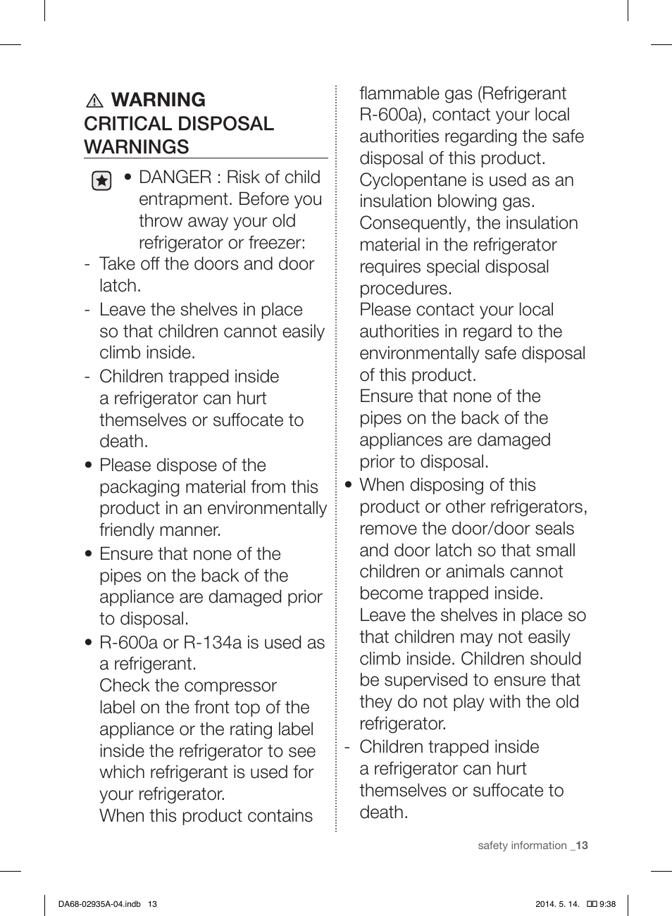 Warning critical disposal warnings | Samsung RS27FDBTNSR-AA User Manual | Page 13 / 312