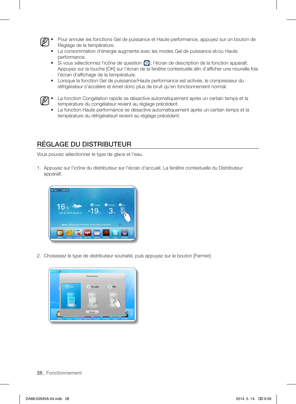 Réglage du distributeur | Samsung RS27FDBTNSR-AA User Manual | Page 134 / 312