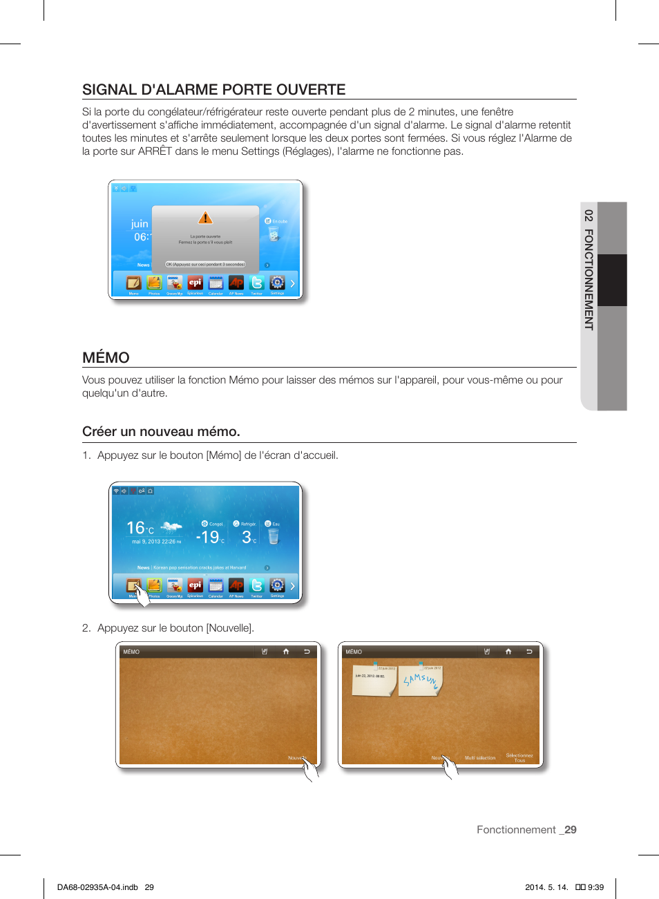 Signal d'alarme porte ouverte, Mémo, Créer un nouveau mémo | Samsung RS27FDBTNSR-AA User Manual | Page 135 / 312