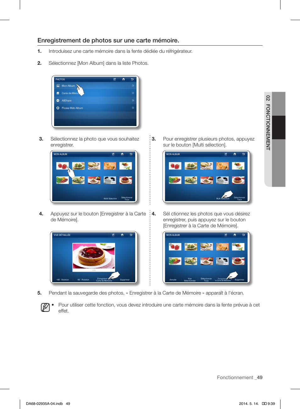 Enregistrement de photos sur une carte mémoire | Samsung RS27FDBTNSR-AA User Manual | Page 155 / 312