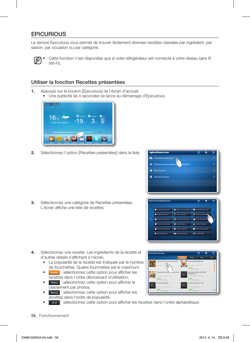 Epicurious, Utiliser la fonction recettes présentées | Samsung RS27FDBTNSR-AA User Manual | Page 162 / 312