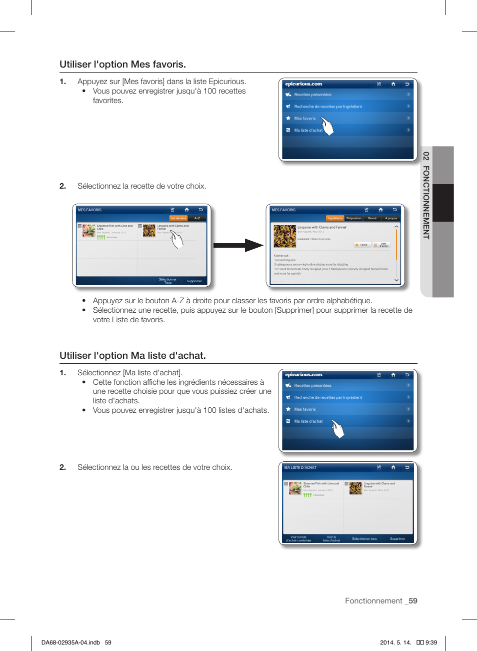 Utiliser l'option mes favoris, Utiliser l'option ma liste d'achat | Samsung RS27FDBTNSR-AA User Manual | Page 165 / 312