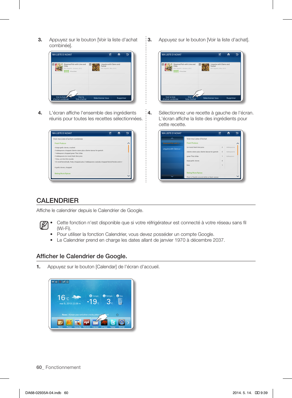 Calendrier, Afficher le calendrier de google | Samsung RS27FDBTNSR-AA User Manual | Page 166 / 312