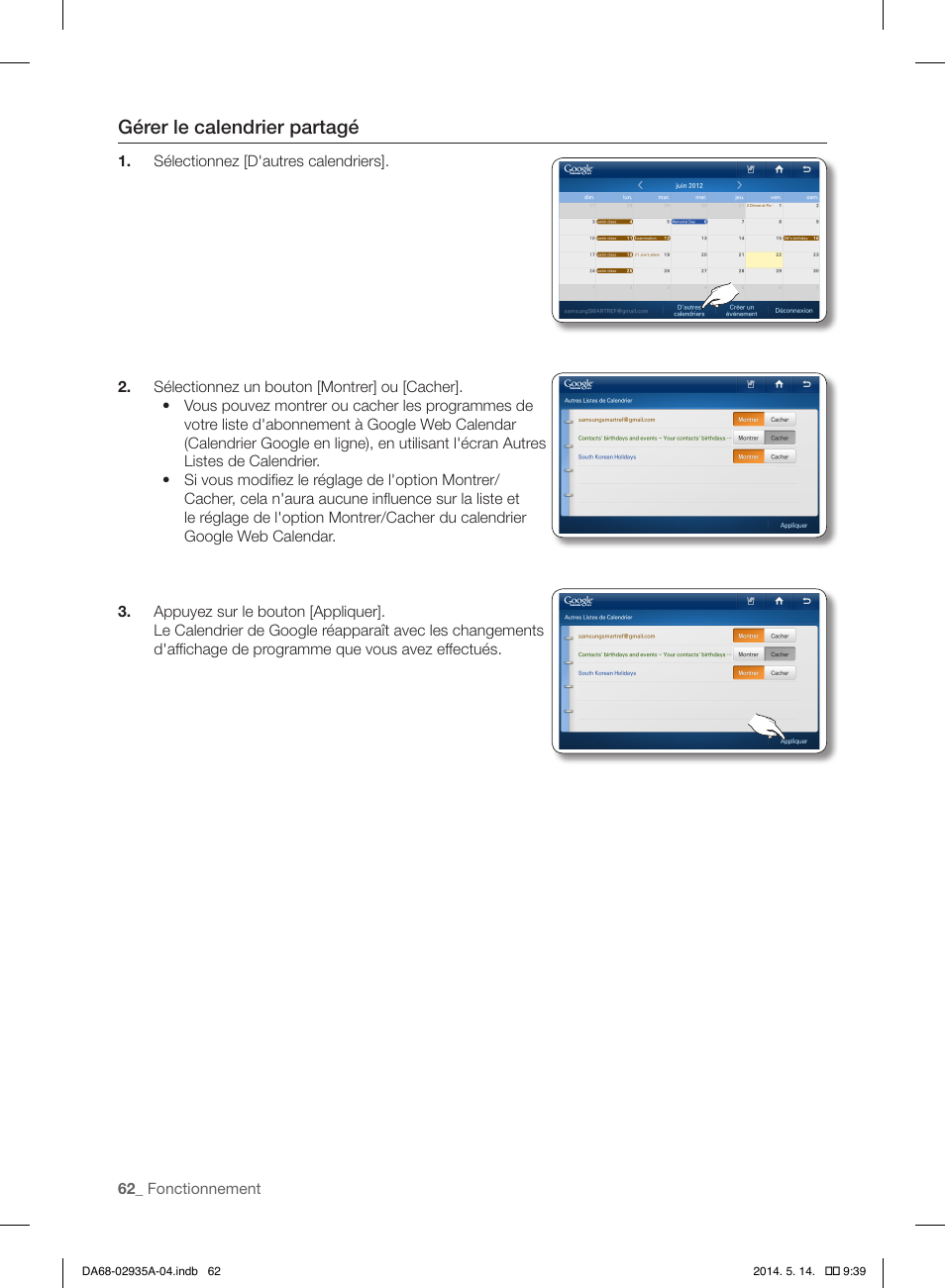 Gérer le calendrier partagé | Samsung RS27FDBTNSR-AA User Manual | Page 168 / 312