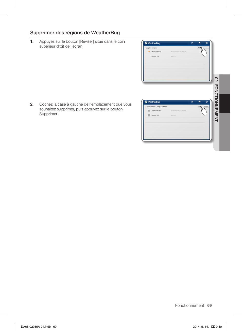 Supprimer des régions de weatherbug | Samsung RS27FDBTNSR-AA User Manual | Page 175 / 312