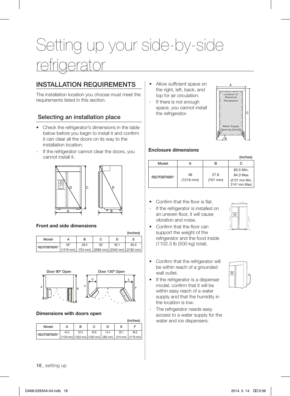 Setting up your side-by-side refrigerator, Installation requirements, Selecting an installation place | Samsung RS27FDBTNSR-AA User Manual | Page 18 / 312