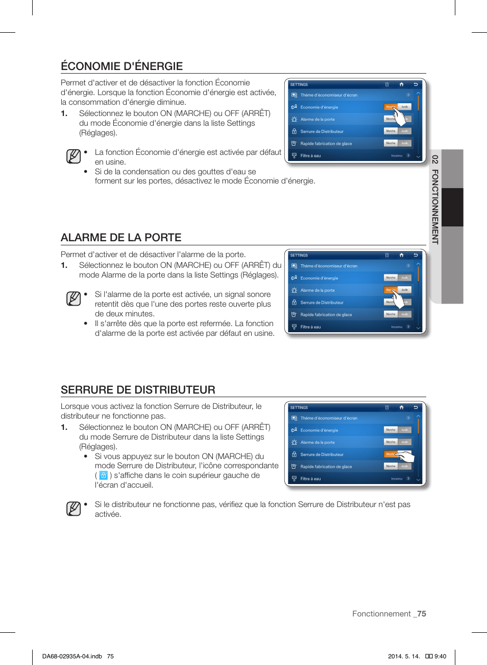 Économie d'énergie, Alarme de la porte, Serrure de distributeur | Samsung RS27FDBTNSR-AA User Manual | Page 181 / 312