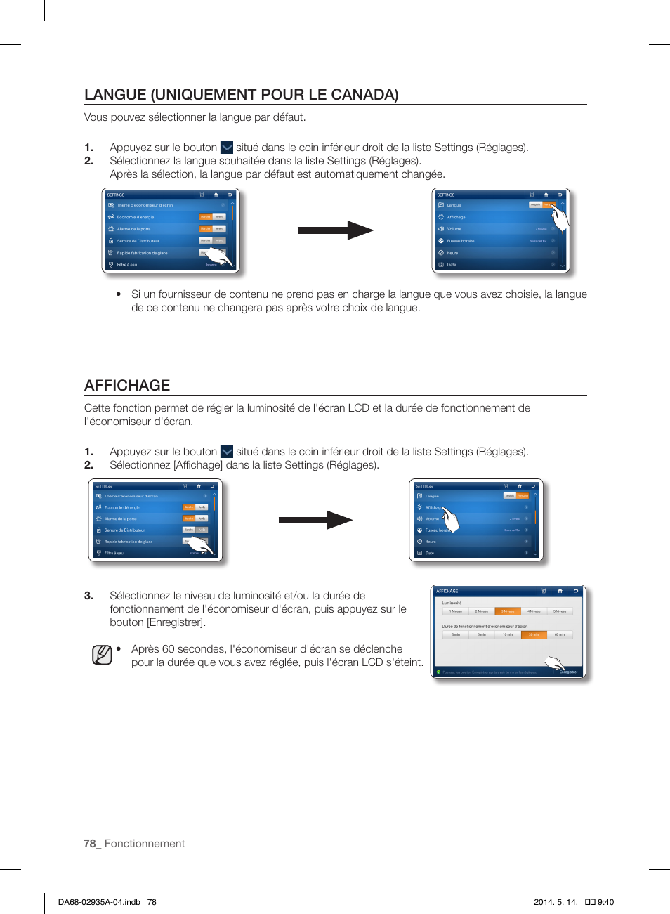 Langue (uniquement pour le canada), Affichage | Samsung RS27FDBTNSR-AA User Manual | Page 184 / 312