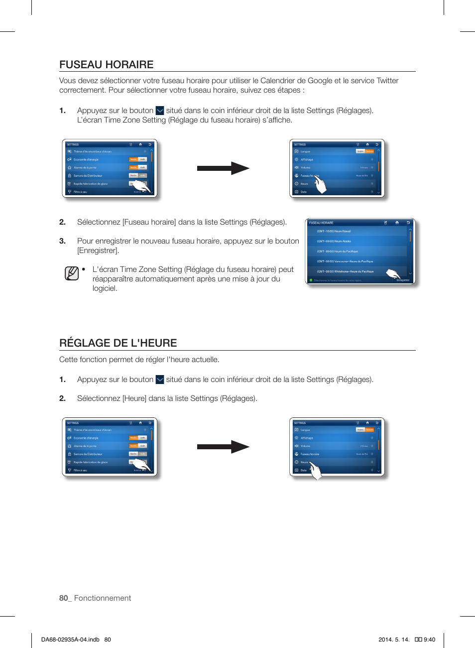 Fuseau horaire, Réglage de l'heure | Samsung RS27FDBTNSR-AA User Manual | Page 186 / 312